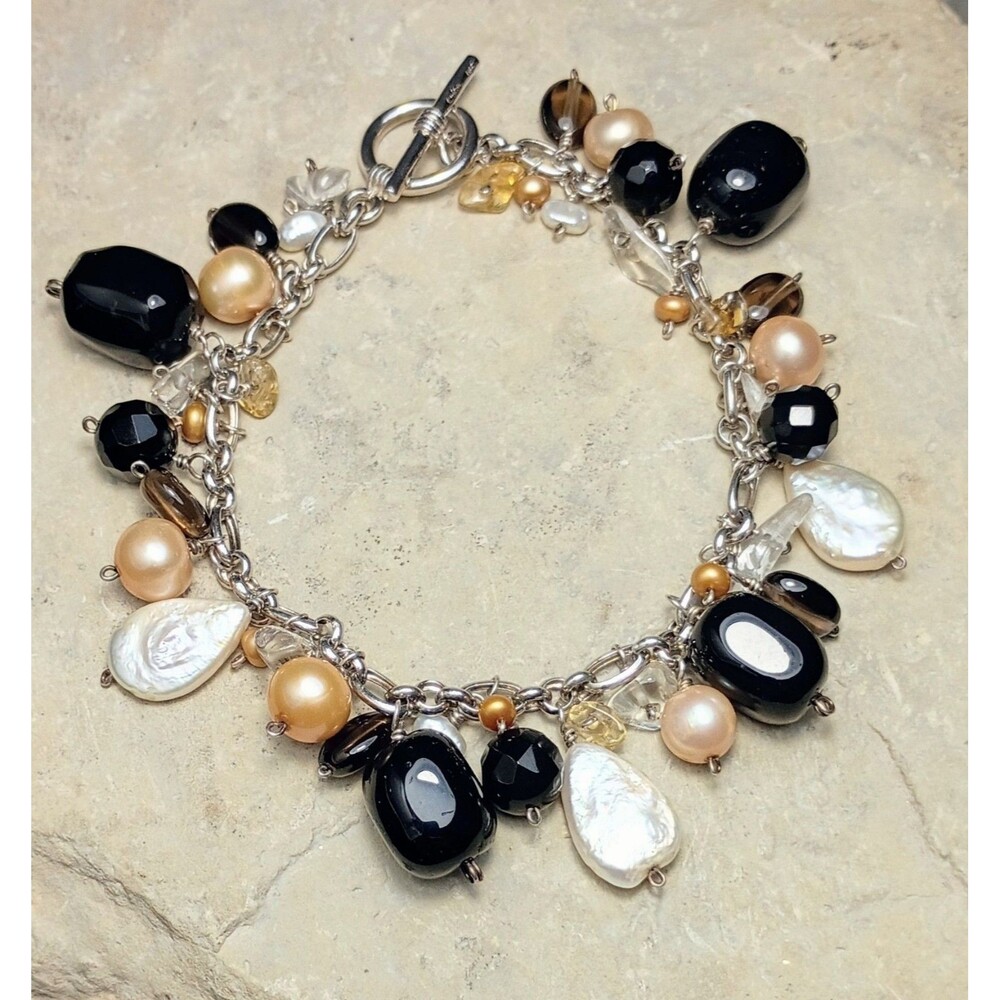 NF Sterling Silver Smokey Topaz  Gemstone Freshwater Pearl Bracelet